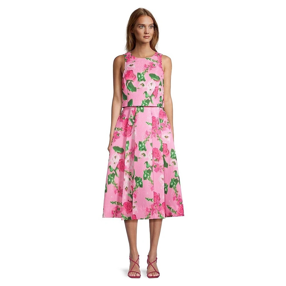 Gabby Skye Pink Floral Midi Dress with Green Accents and embroidery